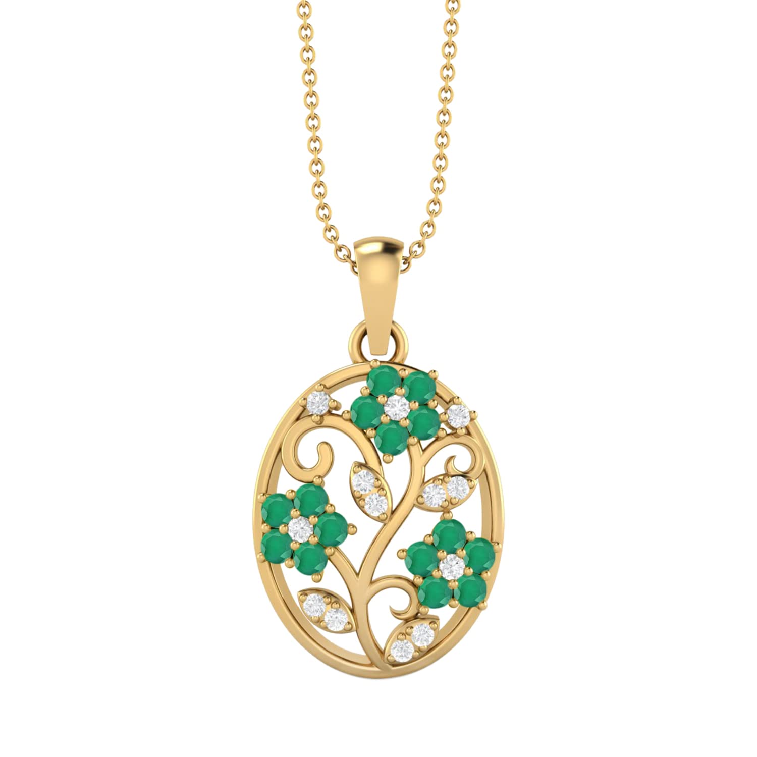 MOONEYE 925 Sterling Silver Filigree Floral Natural Round Cut Emerald & White Topaz Teardrop Charm Pendant Chain Necklace