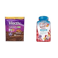 Viactiv Calcium Plus Vitamin D Supplement Soft Chews, Brown, Milk Chocolate, 180 Count & Vitafusion Fiber Well Sugar Free Fiber Supplement, Peach, Strawberry and BlackBerry Flavored