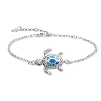 Blue Opal Sea Turtle Anklet Bracelet for Women Teen Girls 925 Sterling Silver White Gold Plated Adjustable Beach Ankle Chain Foot Chain Large Bracelet Womens Ocean Animal Jewelry Gift