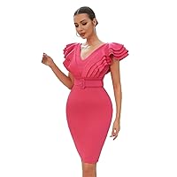 Women's Dress Ruffle Trim Belted Bodycon Dress Women's Dress (Color : Watermelon Pink, Size : Small)