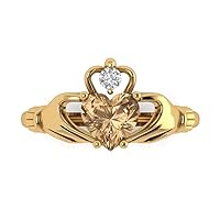 Clara Pucci 1.52ct Heart Cut Irish Celtic Claddagh Solitaire Brown Champagne Simulated Diamond designer Modern Ring 14k Yellow Gold