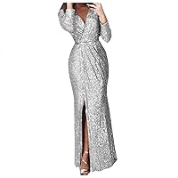 Long Sleeve Prom Dresses for Women Wrap V Neck Maxi Mermaid Formal Evening Gowns Cocktail Party Dress with Slit