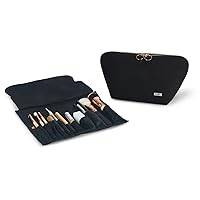 KUSSHI Washable Travel Makeup & Cosmetic Signature Bag with Snap-In Brush Organizer (Satin Black/Emerald Green)