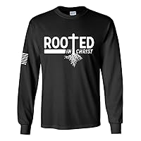 Rooted in Christ Tree Roots Mens Christian Long Sleeve T-Shirt Graphic Tee