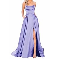 Satin Prom Dresses with Pockets Spaghetti Straps Evening Gown with Slit Long Homecoming Dresses for Women