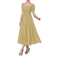 Tea Length Mother of The Bride Dresses Lace Evening Formal Dress Beaded Wedding Guest Groom Dress Applique 3/4 Sleeve