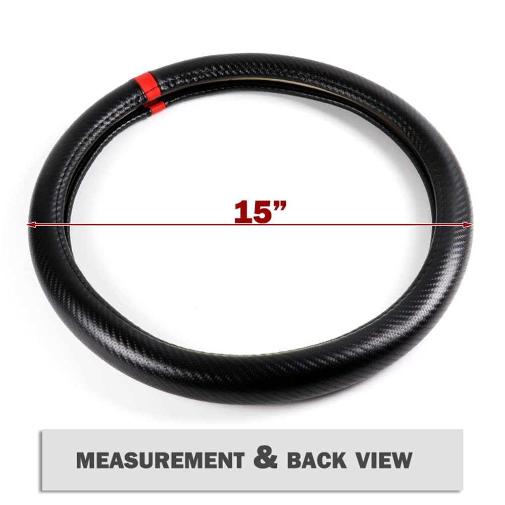 Q1-TECH , Embroidery Steering Wheel Cover Pole Position Accent Sport Carbon Fiber Look Style for Car Truck SUV Universal 15 Inch Fitment , Synthetic Leather Grips Compatible with Mugen Power JDM