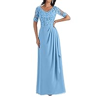 Round Necked Mother of The Bride Dress Lace 3/4 Sleeve Women's Chiffon Evening Dress