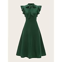 Dresses for Women Tie Neck Flutter Sleeve Flare Dress (Color : Dark Green, Size : X-Small)