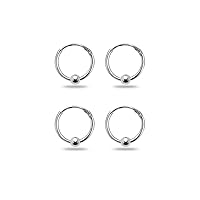 Sterling Silver Ball Bead Small Endless 10mm Thin Round Unisex Hoop Earrings for Men Women Set of 2 Pairs