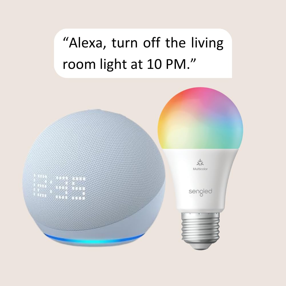 Echo Dot (5th Gen) with Clock | Cloud Blue with Sengled Smart Color Bulb