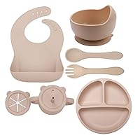 Baby Led Weaning Supplies - BPA Free, PVC Free, Latex Free, Phthalate Free Silicone - Baby Dish Set - Bib, Suction Bowl, Suction Plate, Snack Cup, Sippy Cup, Fork, Spoon - 6+ Months (Beige)