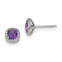 925 Sterling Silver Rhodium Plated .96amethyst Created White Sapphire Post Earrings R Measures 8x8mm W Jewelry for Women