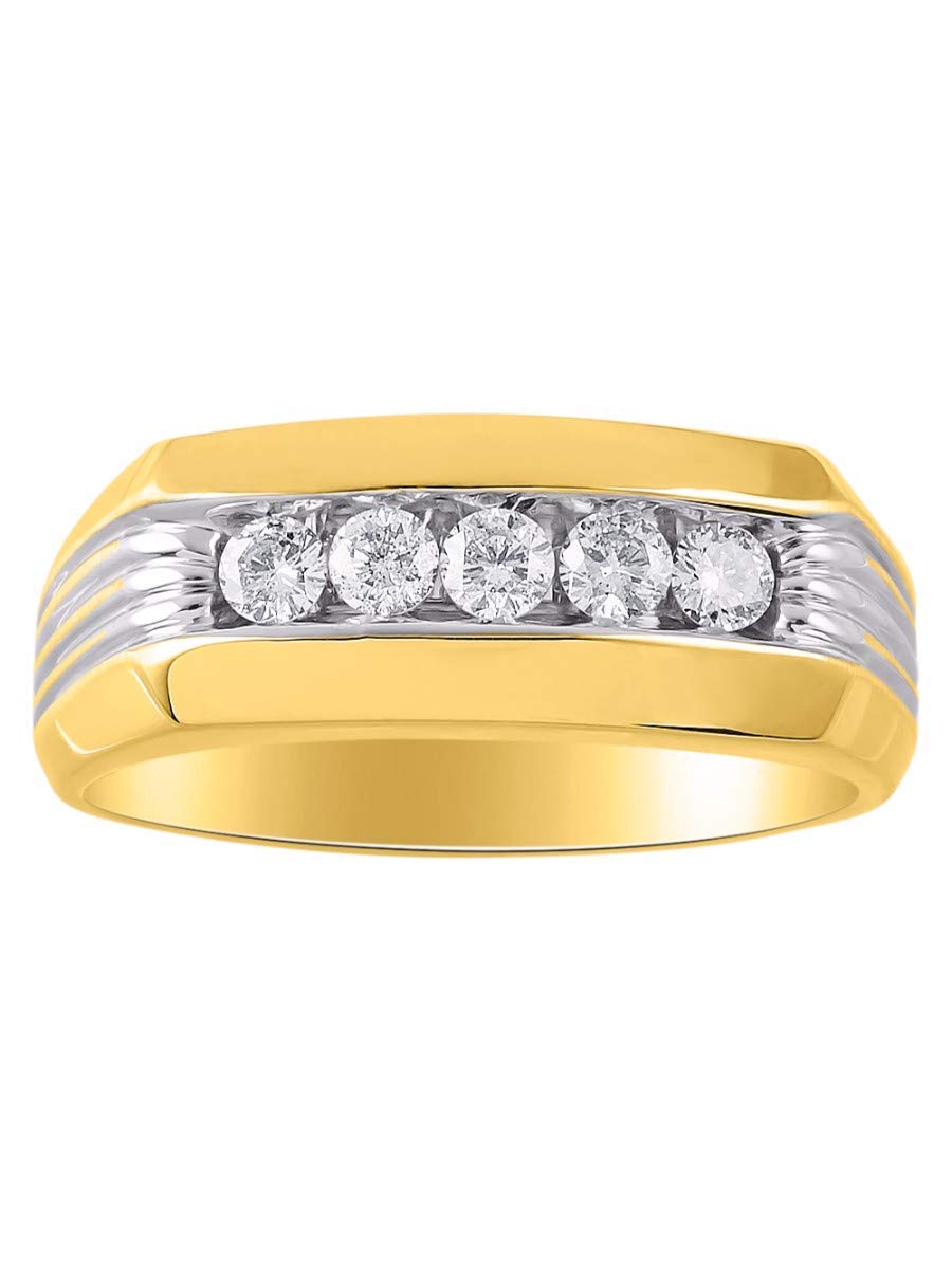 Rylos Mens 5 Stone Diamond Wedding Band with Comfort Fit 14K Yellow or 14K White Gold