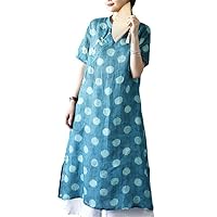 Digital Paintting Qipao Loose Linen Chinese Cheongsam Dress with Split for Women Blue