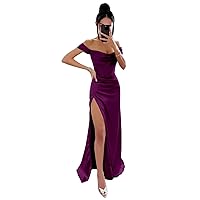 Satin Prom Dress Long with Slit Off Shoulder Bridesmaid Dresses Mermaid Formal Gown B006