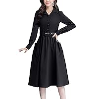 Women's Elegant Wear to Work Belted Fit and Flare Midi Shirt Dress