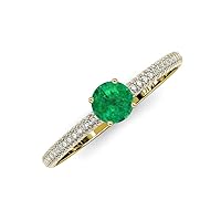 Round Emerald Natural Diamond 1 1/3 ctw Women 3 Row Micro Pave Shank Engagement Ring 14K Gold