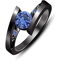 1.50 Ctw Round Cut Lab Created Blue Sapphire Solitaire Engagement Wedding Ring 14K Black Gold Plated For Women