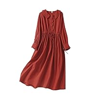 Spring Autumn Cotton Linen Long Sleeve Dresses for Women Casual Red Dress Robe Femme Elegant Clothing