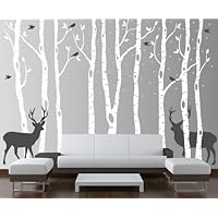 Birch Tree Wall Decal Forest with Snow Birds and Deer Vinyl Sticker Removable (9 Trees) #1161 (White Trees - Dark Gray Animals, 96
