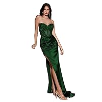 Women's Satin Mermaid Prom Dress Embroidery Side Split Strapless Evening Party Gown