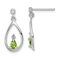925 Sterling Silver Dangle Polished Rhodium Pear Peridot and Diamond Post Earrings Measures 19x8mm Wide Jewelry for Women