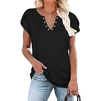 Womens Basic Casual T-Shirts Ring Hole V Neck Petal Short Sleeve Tops Loose Comfy Tunic Tops