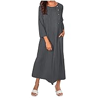 Pub Maxi Robe Women Elegant Summer 3/4 Sleeve Round Neck Solid Color Thin Comfort Soft Button Dress Womans Gray