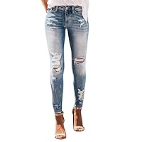 Women Slim Fit Jeans Buttoned with Pocket Jeans Ripped Hole Denim Pants