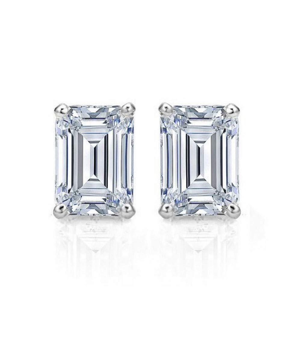 2.0 ct Emerald Cut ideal VVS1 Conflict Free Gemstone Solitaire Genuine Moissanite Designer Stud Earrings Solid 14k White Gold Screw Back