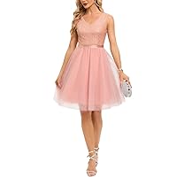 Meetjen Sequin Prom Dress for Teens Short Tulle V Neck Semi Formal Dress A-line Cocktail Party Dress