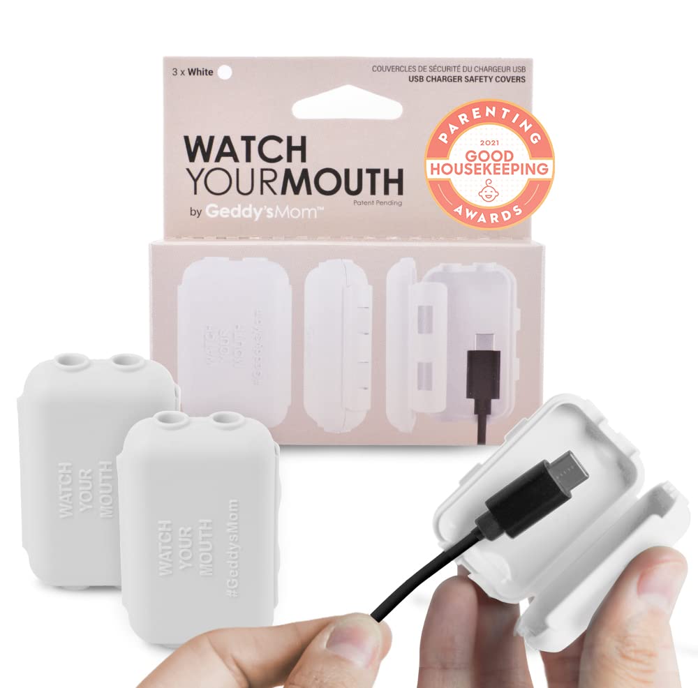 Watch Your Mouth by Geddy's Mom (3 Pack) The Original Award Winning Universal USB Charger Child Safety Cover - Made in The USA - Baby Proofing Toddler Shock Prevention (White)