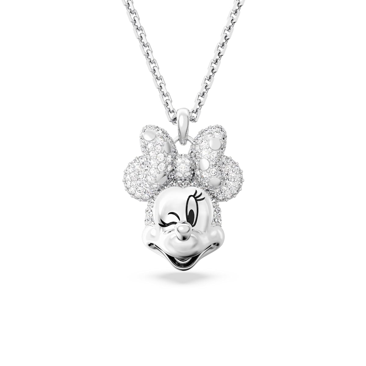 Swarovski Disney100 Pendant Necklace, Minnie Mouse Motif with Clear Pavé Crystals in a Rhodium Finished Setting, Part of the Disney100 Collection