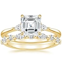 Moissanite and Diamond Engagement Ring Set, Asscher Cut 4ct, 14k Yellow Gold Band