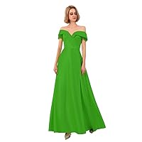VeraQueen Women's Off Shoulder Satin Prom Dresses A Line High Slit Evening Gowns Grass Green