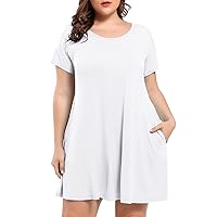 BELAROI Plus Size Dress for Women Summer T Shirt Dress Flowy Short Sleeve Pockets Casual Swing Tunic Solid Basic(1X,White)