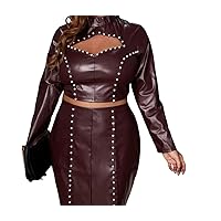 Burgandy Leather Studded Skirt Set