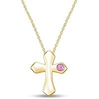 ABHI 0.05 CT Round Cut Created Pink Tourmaline Solitaire Cross Pendant Necklace 14k Yellow Gold Over