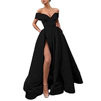 Women's Off Shoulder High Slit Long Prom Evening Dress with Pockets