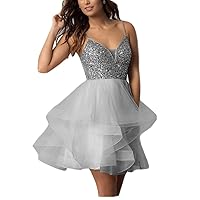 Homecoming Dress for Women v-Collar Short Backless Welcome Dress Applique Satin Prom Cocktail Graduation Dress Silver