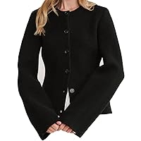 Slimming Button Cardigan Sweater, Fall Cropped Button Cardigan Sweaters for Women, 2023 Long Sleeve Soft Knit Jackets (Black,XL)