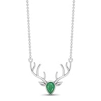 MOONEYE 0.75 Cts Emerald Gemstone 925 Sterling Silver Realistic Stag Head Face Chain Necklace Animal Charm Pendant Necklace (18 Inch Chain)