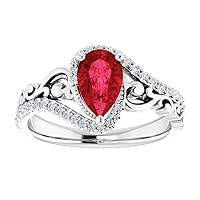 Sculptural 1 CT Pear Shape Ruby Engagement Ring 925 Silver/10K/14K/18K Solid Gold Scroll Tear Drop Red Ruby Diamond Ring Halo Deco Ruby Ring July Birthstone Ring