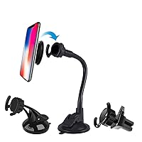 Universal Car Phone Mount[Dashboard/Windshield/Air Vent Cell Phone Holder 3in1][Strong Suction Cup][Gift 2Pcs Collapsible Grip]