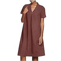 Womens Summer Dresses Fashion Lapel Cotton Linen Dress for Women 2023 V Neck Short Sleeve Tshirt Dresses Sundresses