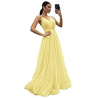 Basgute Tulle Long Bridesmaid Dresses for Wedding 2023 A Line V Neck Maxi Formal Prom Evening Party Gown for Women