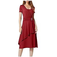 Women's Satin Formal Dress Square Neck Ruffle Hem Midi Bridesmaid Dress for Wedding Guest Cocktail Party