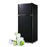 Apartment Size Refrigerator, Black Double Door Refrigerator with 7 Adjustable Thermostat, Compact Fridge Suitable for Apartments, LED Lights, Removable Glass Shelves, 4.0 Cu.Ft