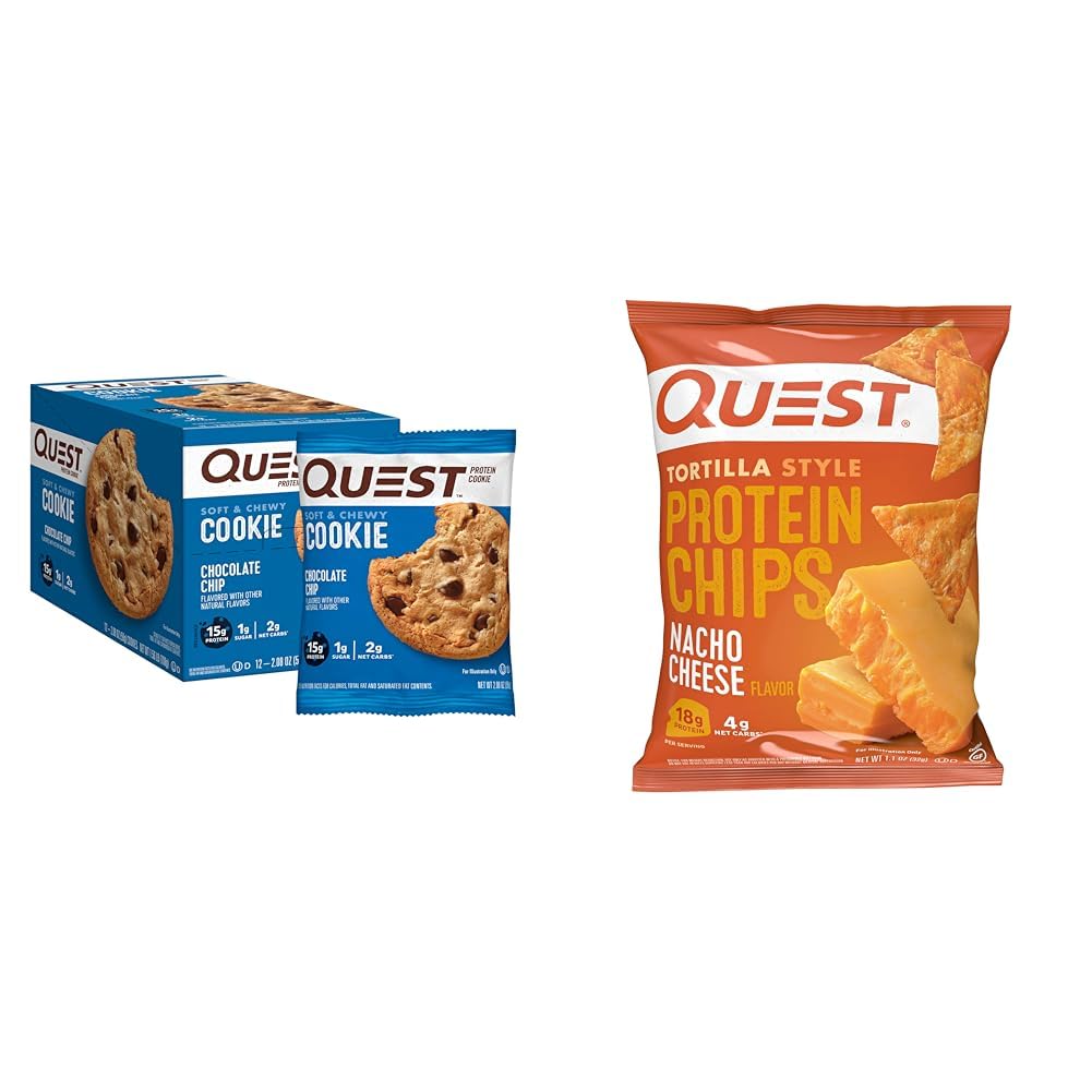 Quest Nutrition Chocolate Chip Protein Cookie; Keto Friendly; High Protein; Low Carb; 12 Count & Tortilla Style Protein Chips, Low Carb, Nacho Cheese 1.1 Ounce (Pack of 12)